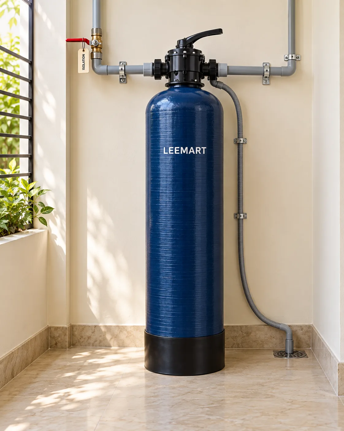 Installed LEEMART softener with isolation valve and drain line